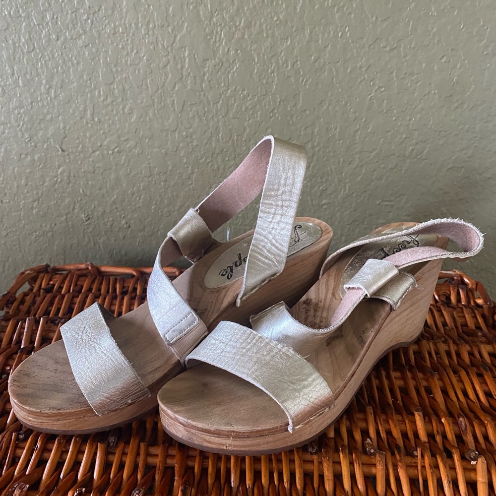 Free People Gold Wood Sandal Wedges